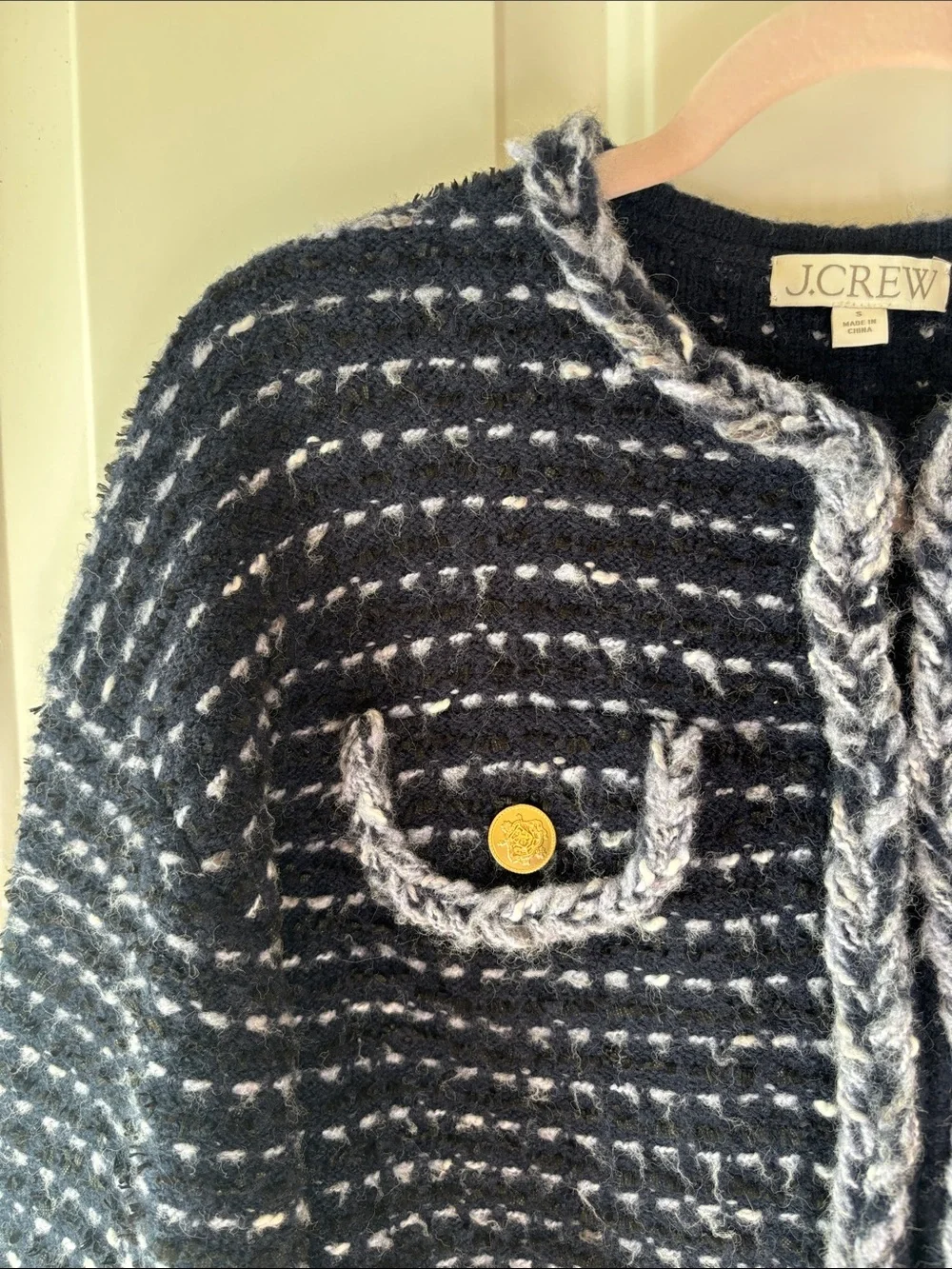 J. Crew Black, Navy and White Tweed Cropped Jacket with Gold Buttons